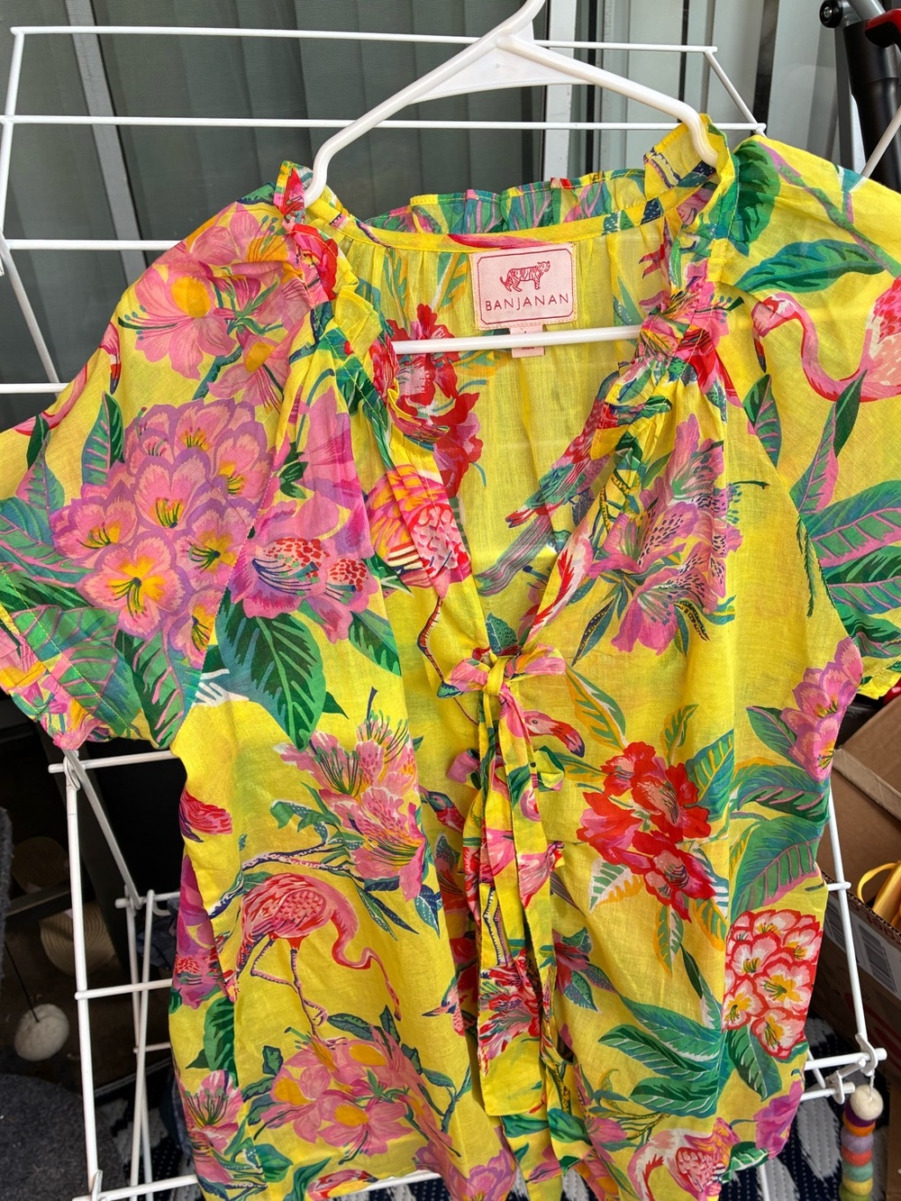 Banjanan Yellow Tropical Floral Tie-Front Blouse